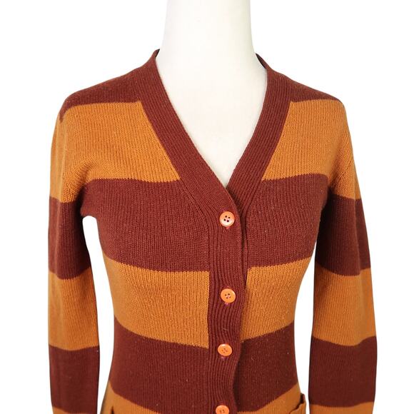 Vintage 70s Mine Doll Brown Tan Rugby Stripe Cardigan Sweater S - Picture 3 of 6